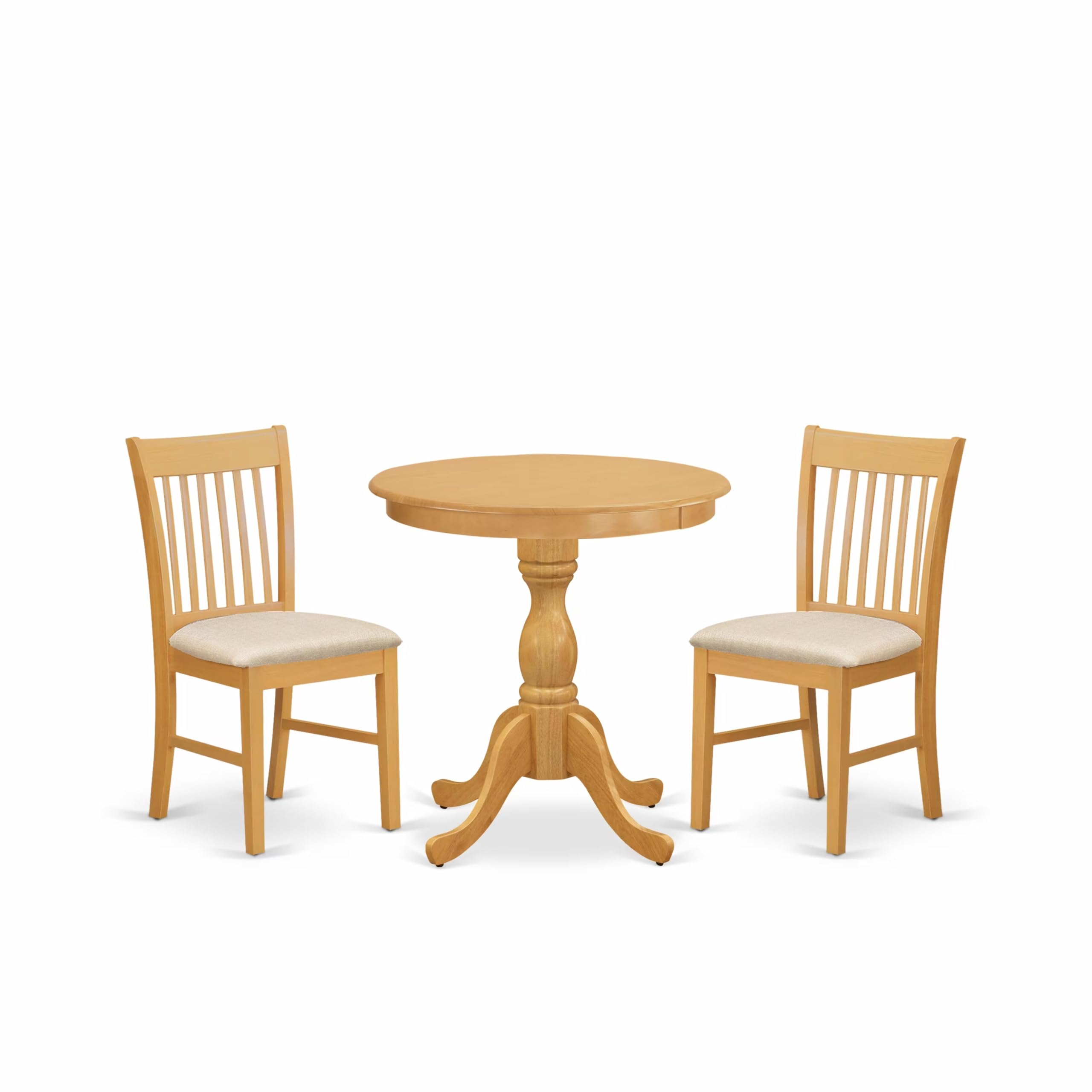 East West Furniture Esnf3-Oak-C 3 Piece Modern Dining Table Set Contains A Round Wooden Table With Pedestal And 2 Linen Fabric Upholstered Dining Chairs, 30X30 Inch, Oak